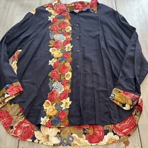 Vtg Sharon Anthony Navy Pink Floral Button Front Shirt Sz 24W *Flaw